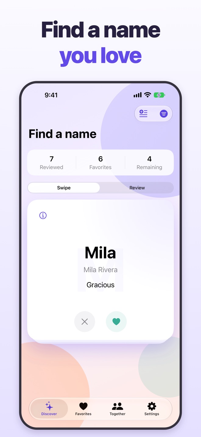 Soon’s lavender Discover screen for browsing baby names and saving favorites.